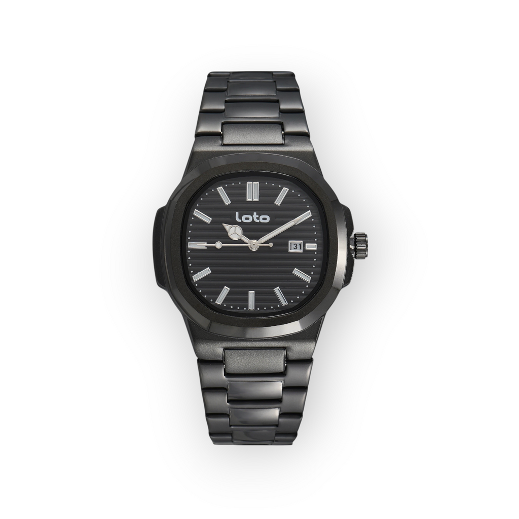 Reloj LOTO COMPANY Kelvoran 2605 de acero inoxidable en color negro con esfera estriada y ventana de fecha