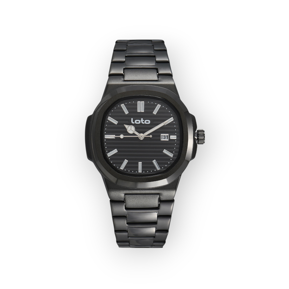 Reloj LOTO COMPANY Kelvoran 2605 de acero inoxidable en color negro con esfera estriada y ventana de fecha