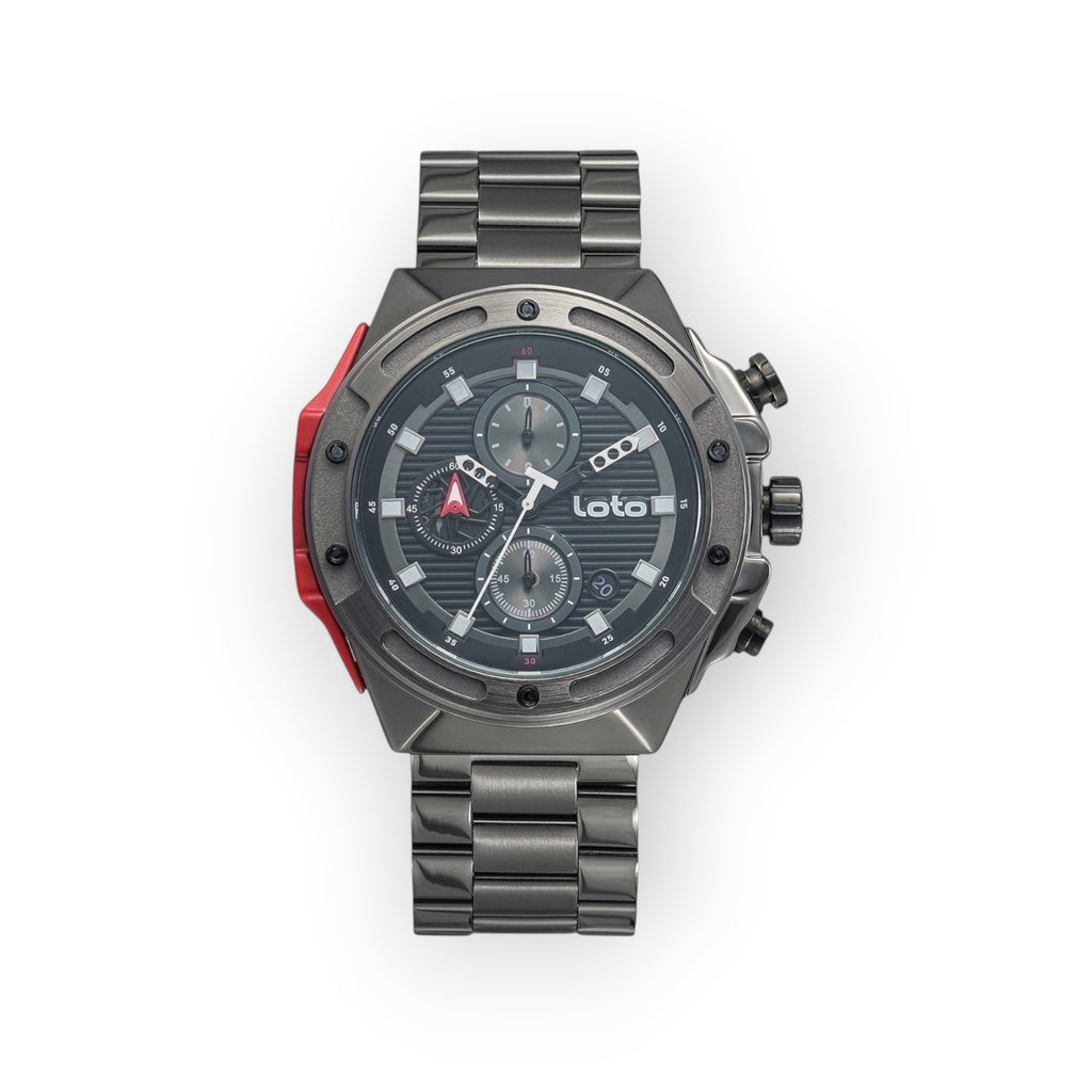Reloj cronógrafo LOTO COMPANY KRIPTON 2532 de acero gris oscuro con detalles en rojo y esfera técnica texturizada.