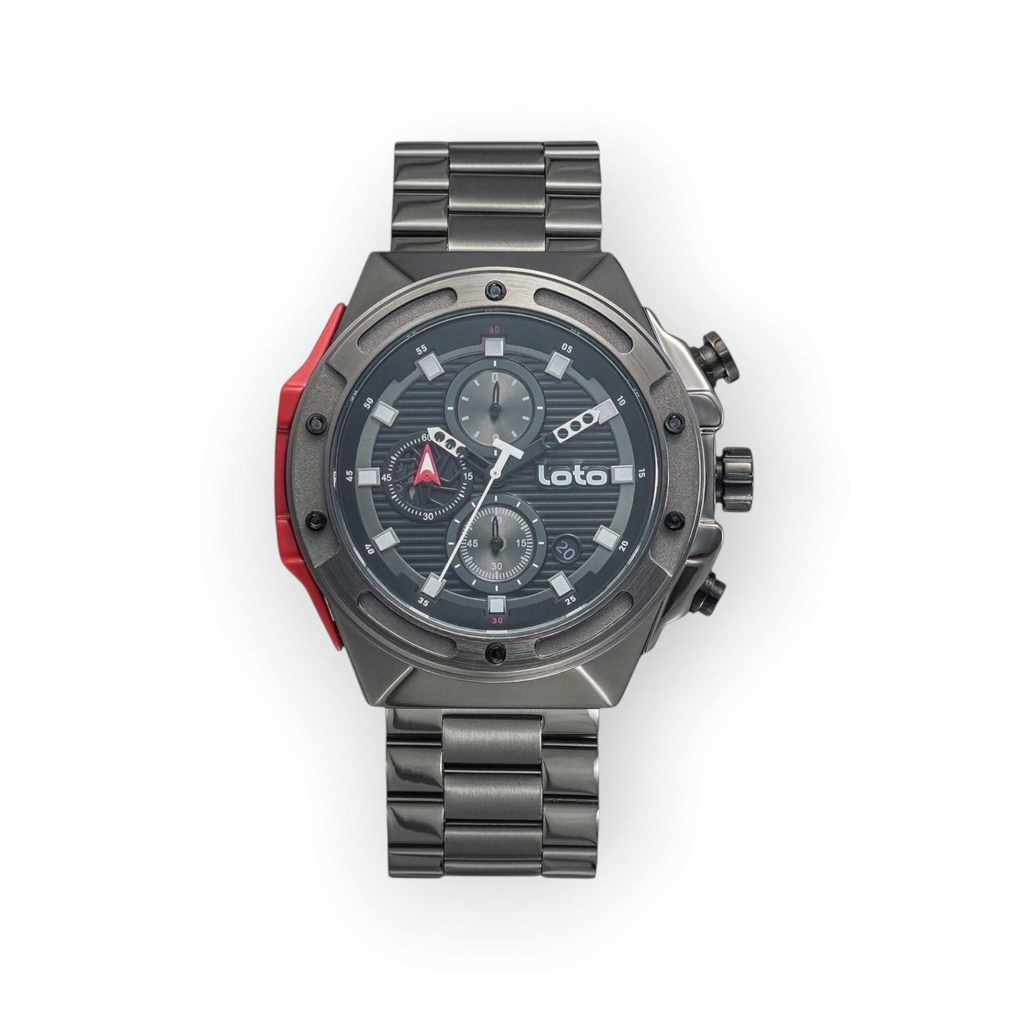 Reloj cronógrafo LOTO COMPANY KRIPTON 2532 de acero gris oscuro con detalles en rojo y esfera técnica texturizada.