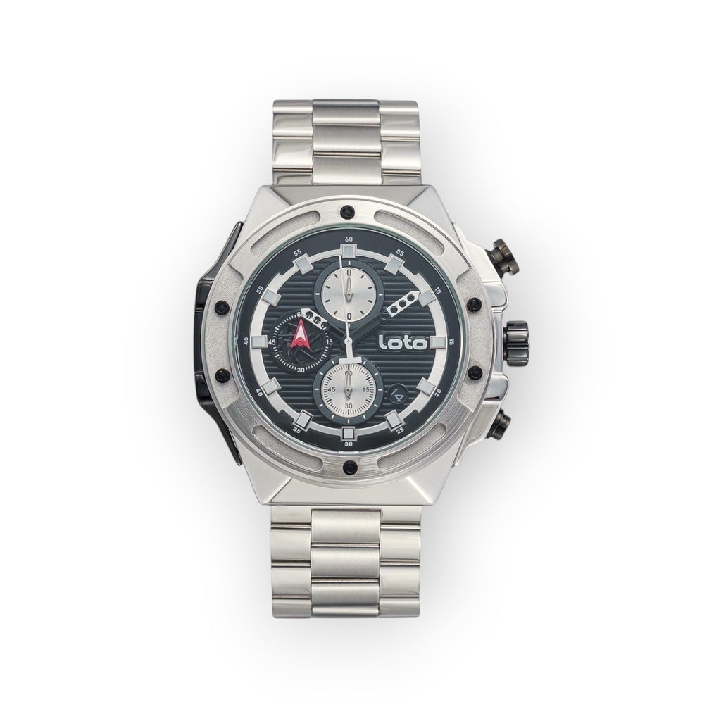 Reloj cronógrafo LOTO COMPANY Kripton 2532 de acero inoxidable con esfera negra y diseño técnico robusto.