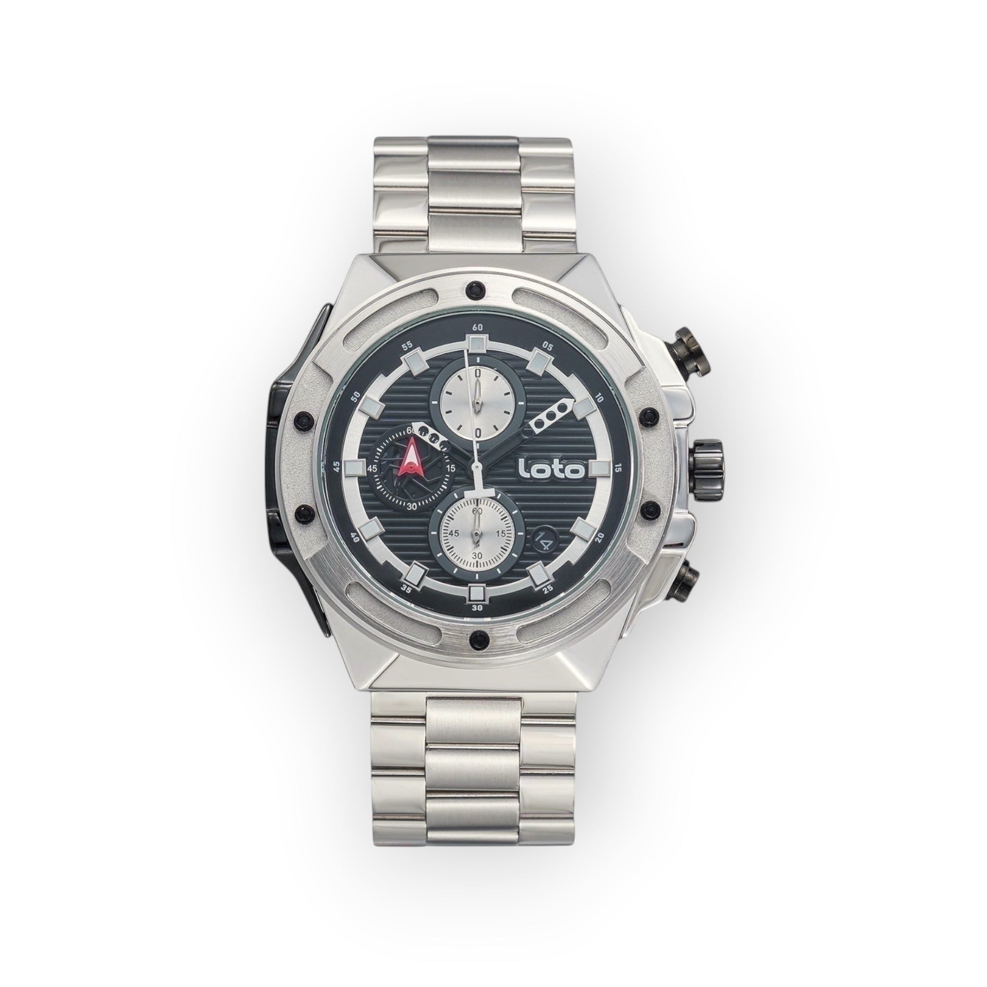 Reloj cronógrafo LOTO COMPANY Kripton 2532 de acero inoxidable con esfera negra y diseño técnico robusto.