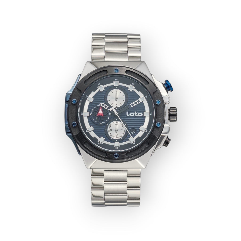 Reloj cronógrafo LOTO COMPANY KRIPTON 2532 de acero inoxidable con esfera azul, bisel técnico y brazalete metálico.