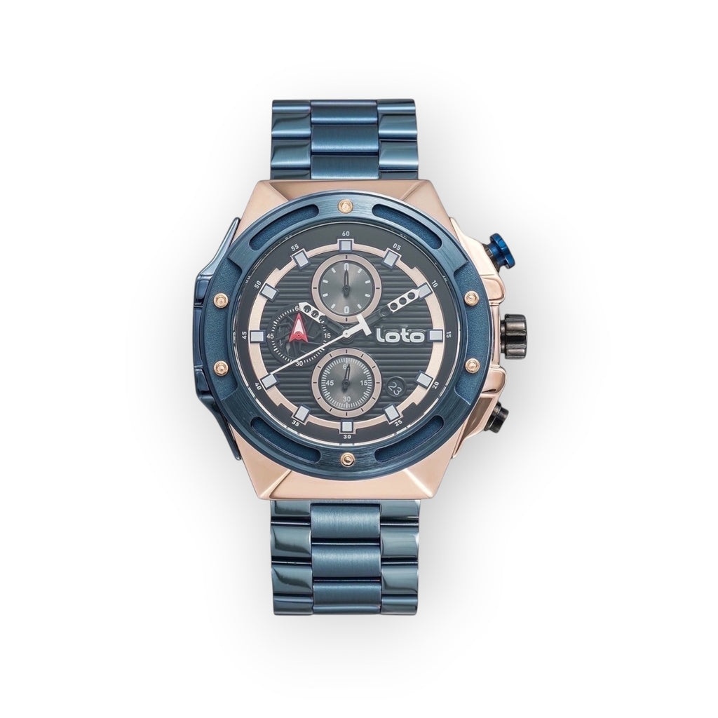 Reloj cronógrafo LOTO COMPANY Kripton 2532 con caja de acero azul y oro rosa, esfera detallada y brazalete metálico.
