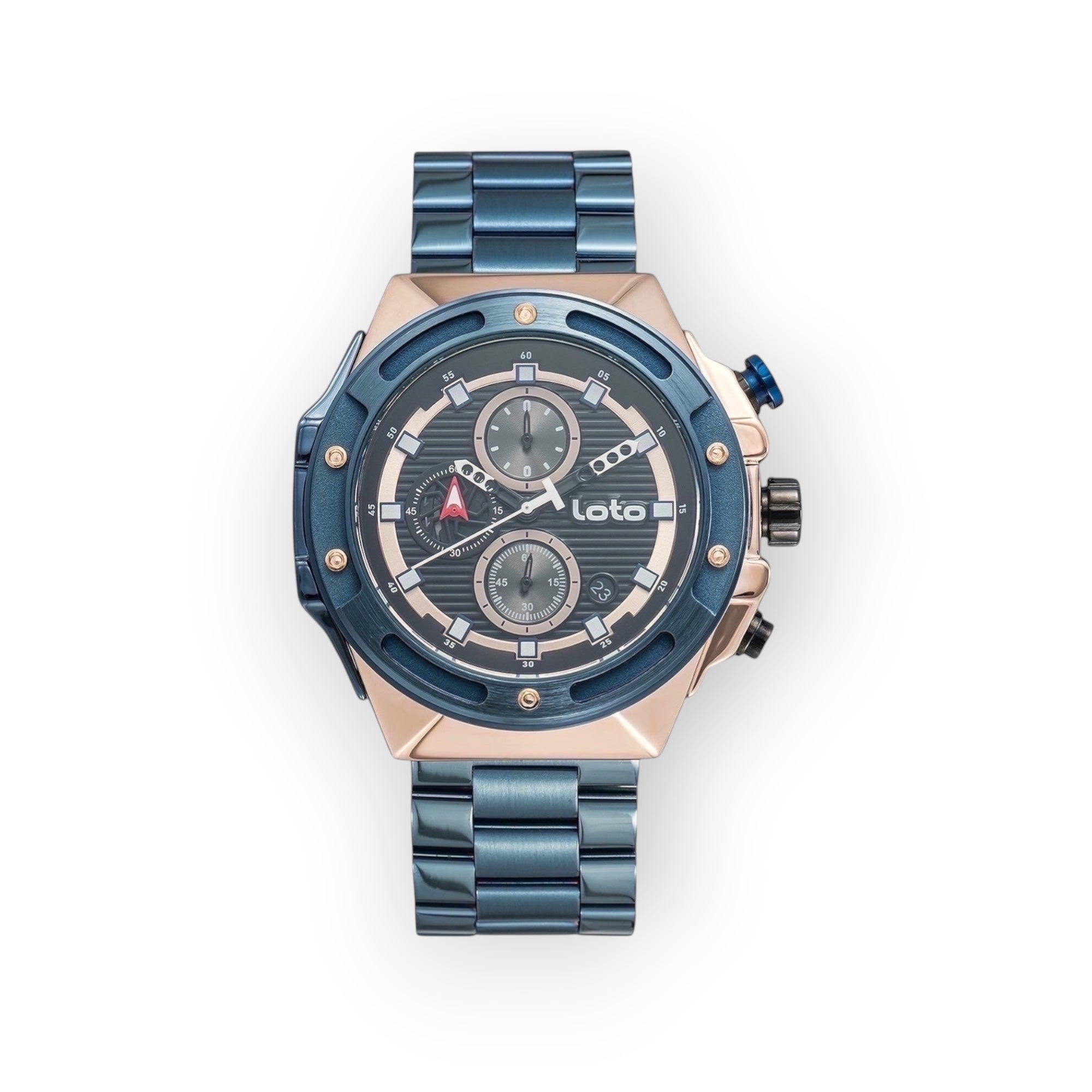Reloj cronógrafo LOTO COMPANY Kripton 2532 con caja de acero azul y oro rosa, esfera detallada y brazalete metálico.