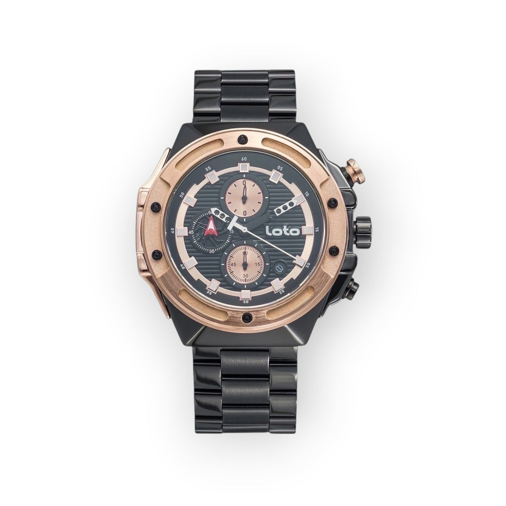 Reloj cronógrafo LOTO COMPANY Kripton 2532 de acero inoxidable negro con bisel en tono oro rosa y esfera detallada.