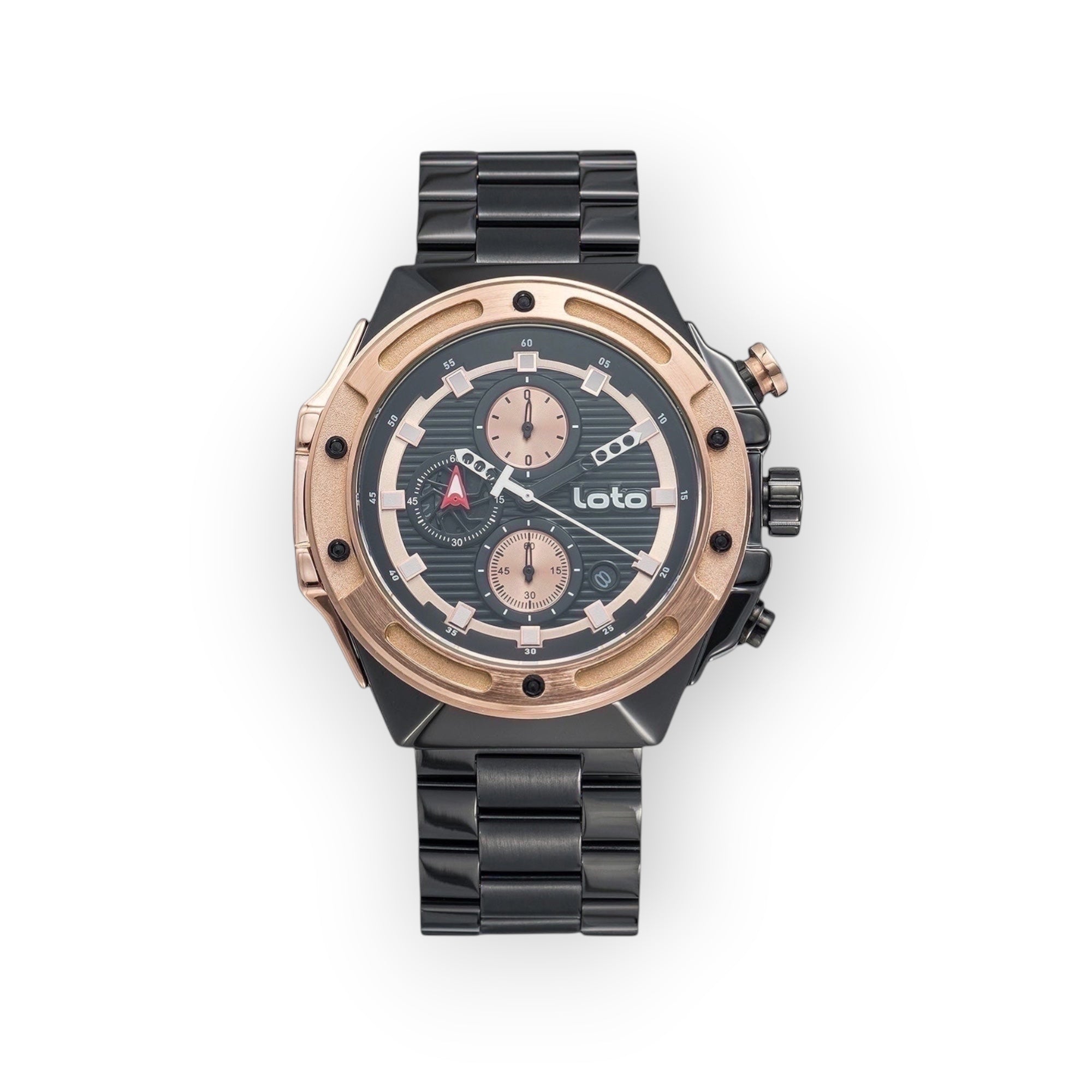 Reloj cronógrafo LOTO COMPANY Kripton 2532 de acero inoxidable negro con bisel en tono oro rosa y esfera detallada.