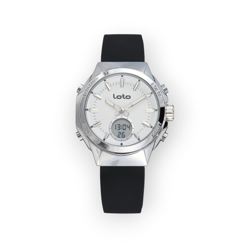 Reloj LOTO COMPANY LEGACY / 2596 con esfera blanca, caja de acero inoxidable y correa de silicona negra. Pantalla digital y agujas luminosas.