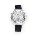 Reloj LOTO COMPANY LEGACY / 2596 con esfera blanca, caja de acero inoxidable y correa de silicona negra. Pantalla digital y agujas luminosas.
