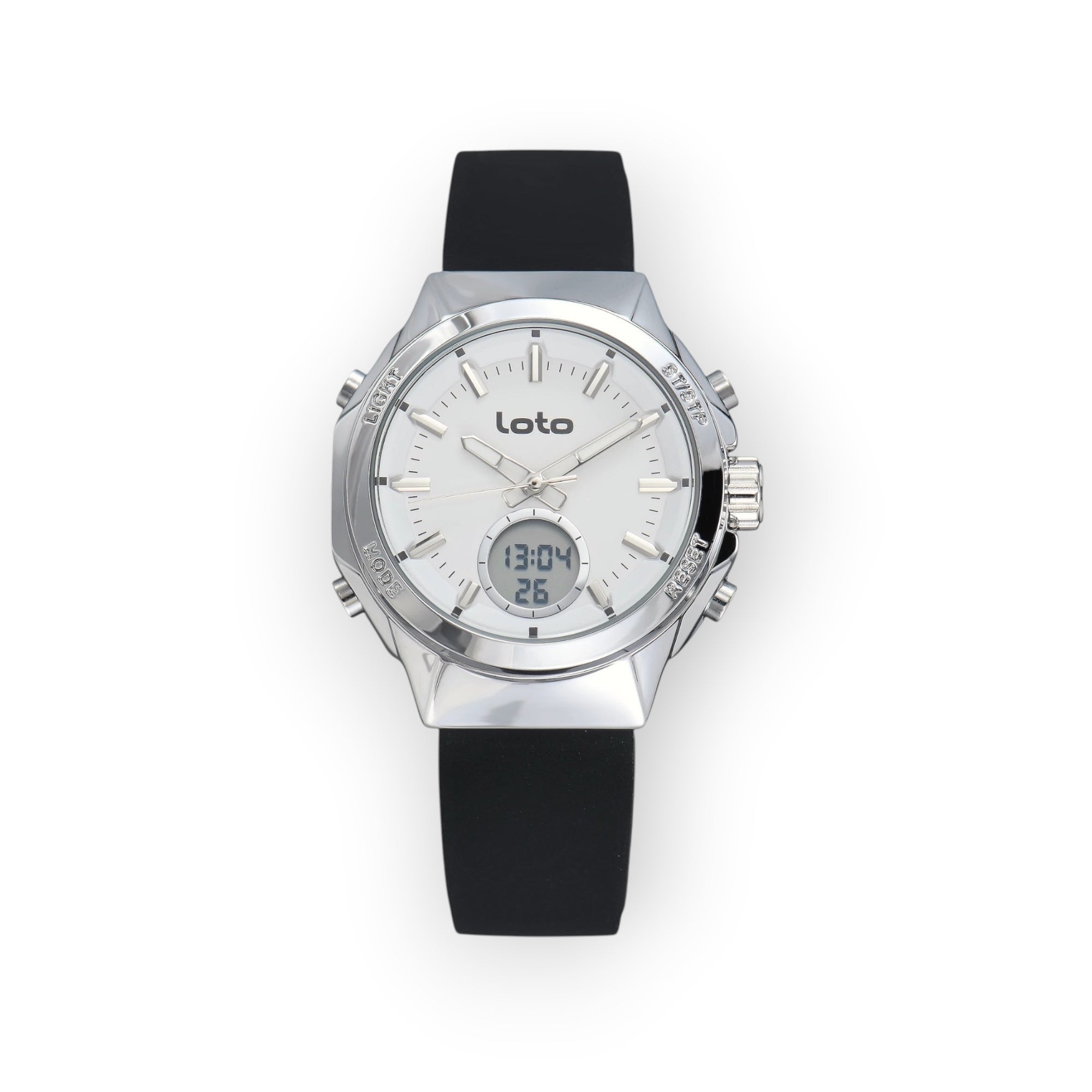 Reloj LOTO COMPANY LEGACY / 2596 con esfera blanca, caja de acero inoxidable y correa de silicona negra. Pantalla digital y agujas luminosas.