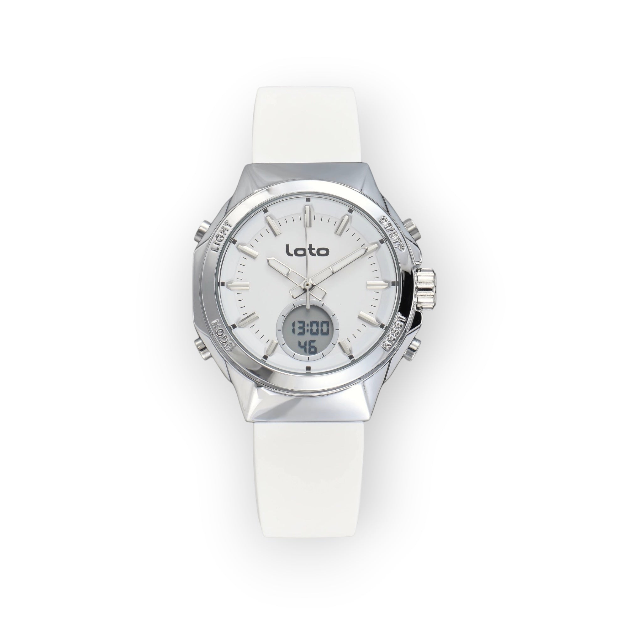 Reloj LOTO COMPANY LEGACY / 2596 analógico-digital con esfera blanca, caja de acero inoxidable y correa de silicona blanca.