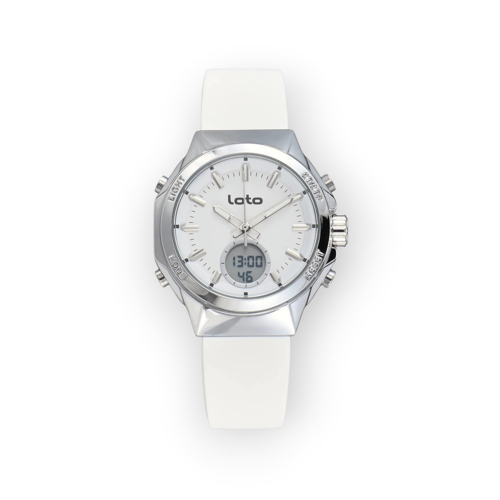Reloj LOTO COMPANY LEGACY / 2596 analógico-digital con esfera blanca, caja de acero inoxidable y correa de silicona blanca.