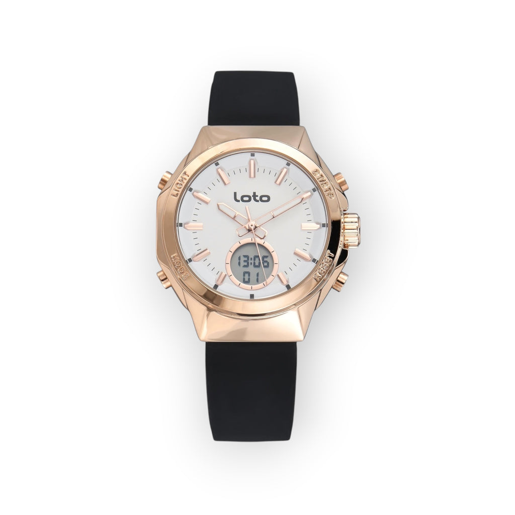 Reloj LOTO COMPANY LEGACY / 2596 analógico-digital con caja de acero inoxidable color oro rosa y correa de silicona negra.