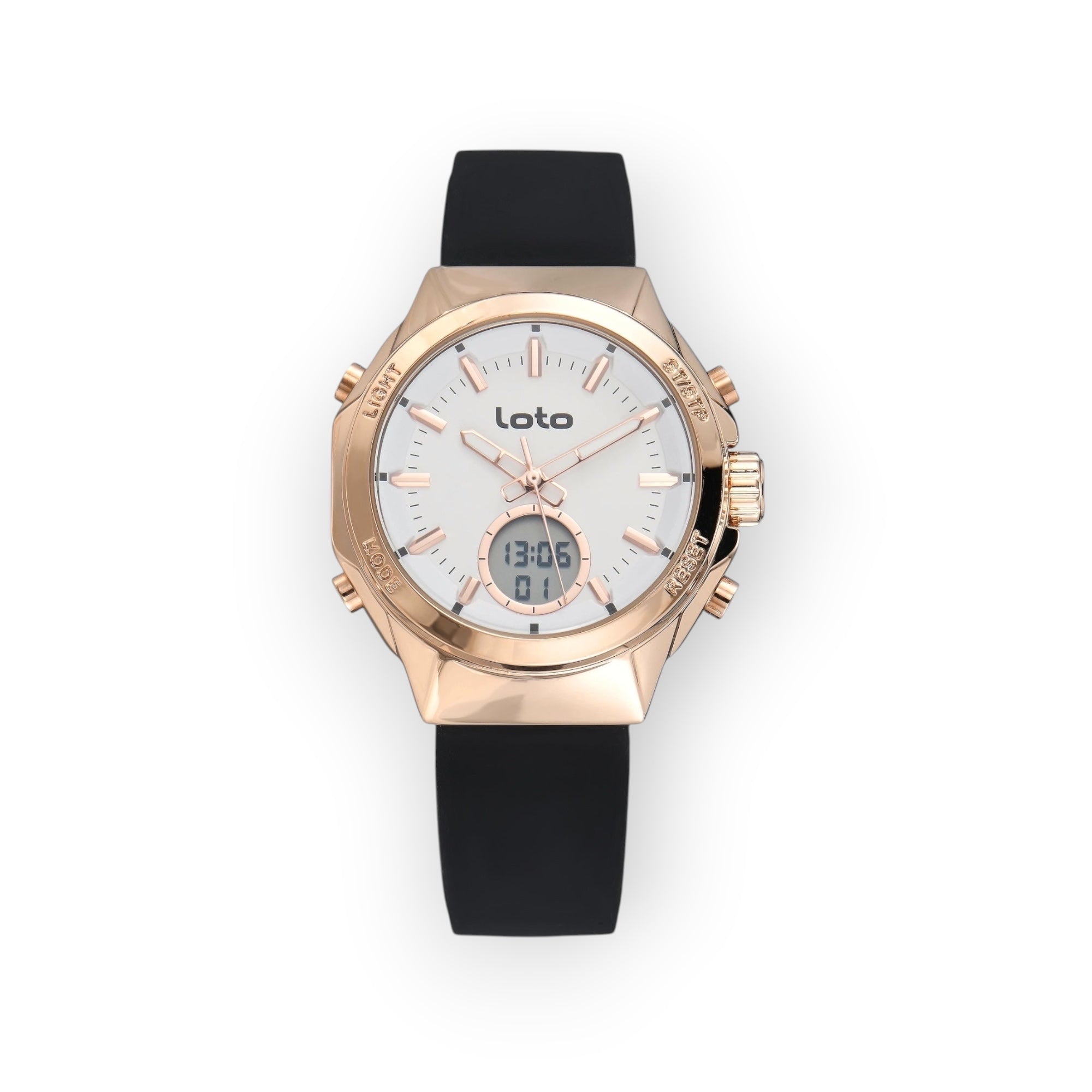 Reloj LOTO COMPANY LEGACY / 2596 analógico-digital con caja de acero inoxidable color oro rosa y correa de silicona negra.