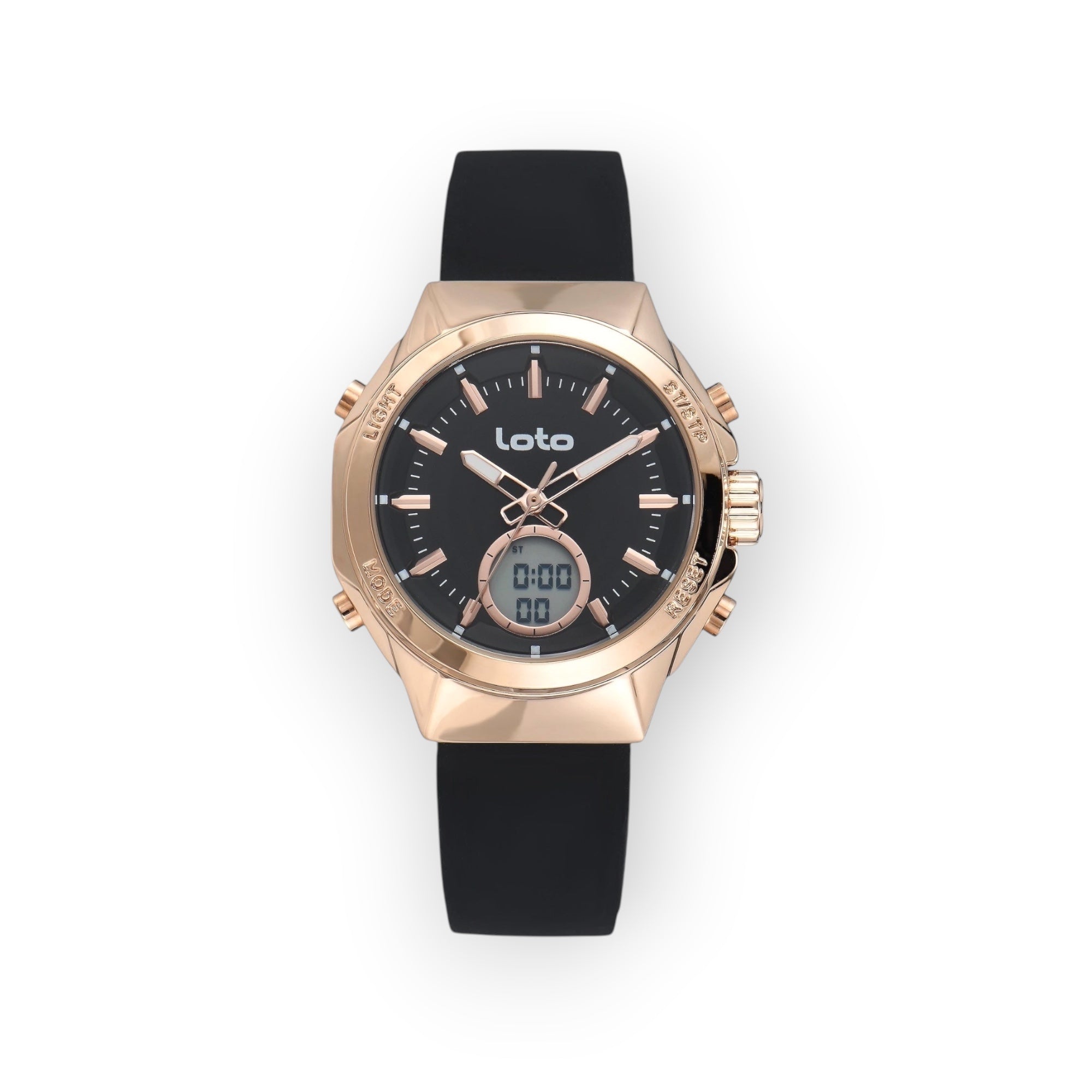 Reloj LOTO COMPANY LEGACY / 2596 con caja de acero inoxidable color oro rosa y esfera negra con detalles luminosos y pantalla digital. Correa de silicona negra.