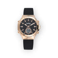 Reloj LOTO COMPANY LEGACY / 2596 con caja de acero inoxidable color oro rosa y esfera negra con detalles luminosos y pantalla digital. Correa de silicona negra.