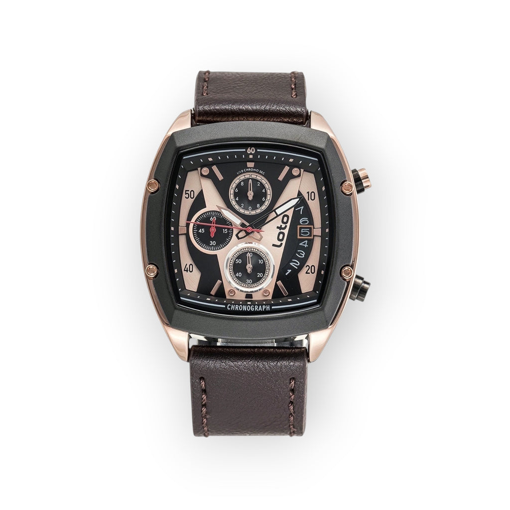 Reloj LOTO COMPANY Loto Apex cronógrafo de cuero marrón con caja angular y esfera negra con detalles en oro rosa.