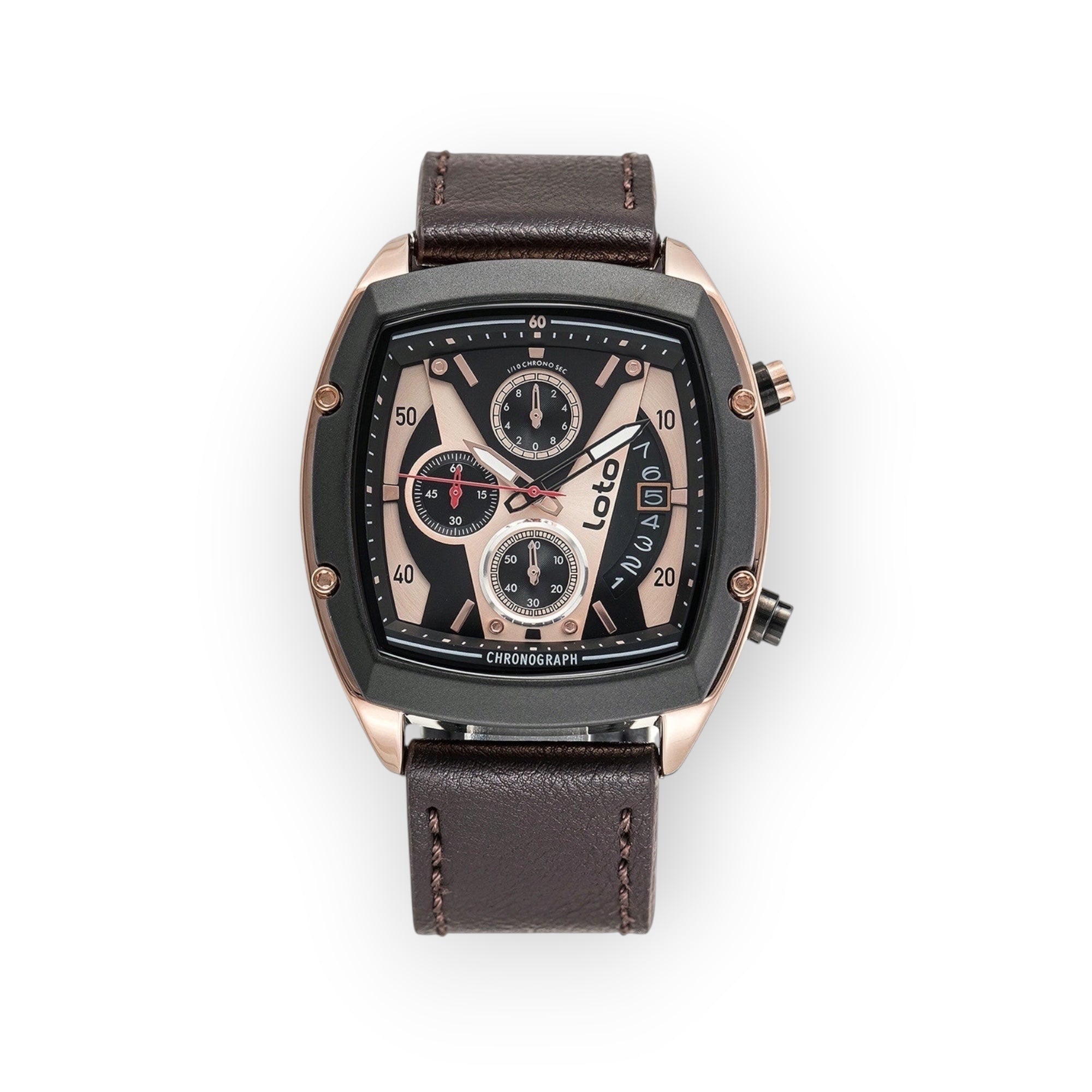 Reloj LOTO COMPANY Loto Apex cronógrafo de cuero marrón con caja angular y esfera negra con detalles en oro rosa.