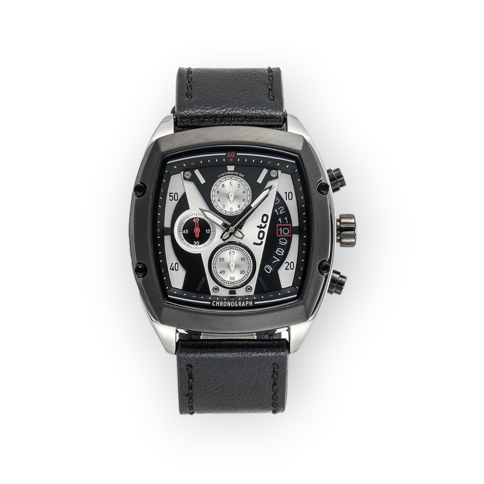 Reloj LOTO COMPANY Loto Apex cronógrafo deportivo de cuero negro con caja plateada y detalles en negro.