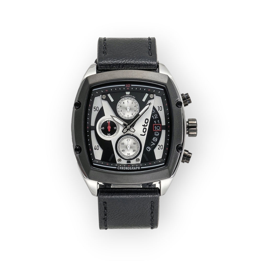 Reloj LOTO COMPANY Loto Apex cronógrafo deportivo de cuero negro con caja plateada y detalles en negro.