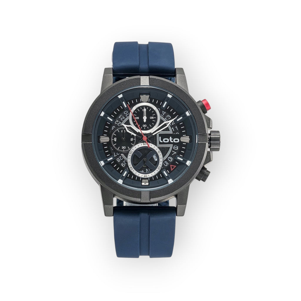 Reloj cronógrafo LOTO COMPANY Luxe 2427 con correa y caja de silicona azul marino, esfera negra con subesferas y detalles rojos.