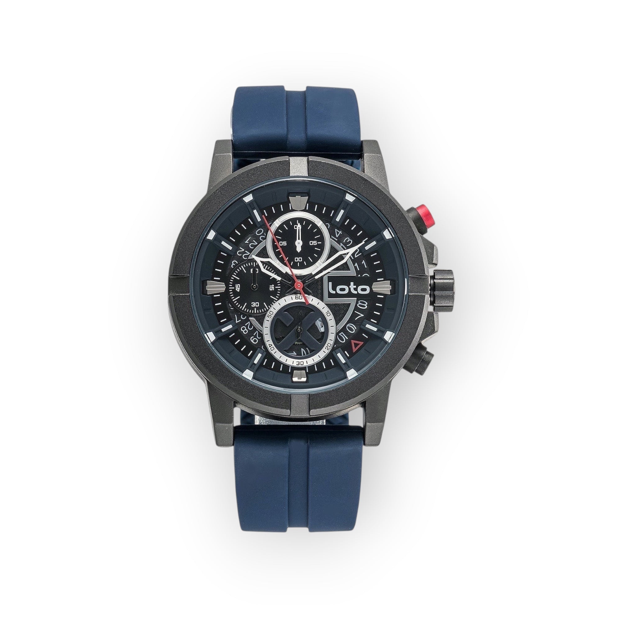 Reloj cronógrafo LOTO COMPANY Luxe 2427 con correa y caja de silicona azul marino, esfera negra con subesferas y detalles rojos.