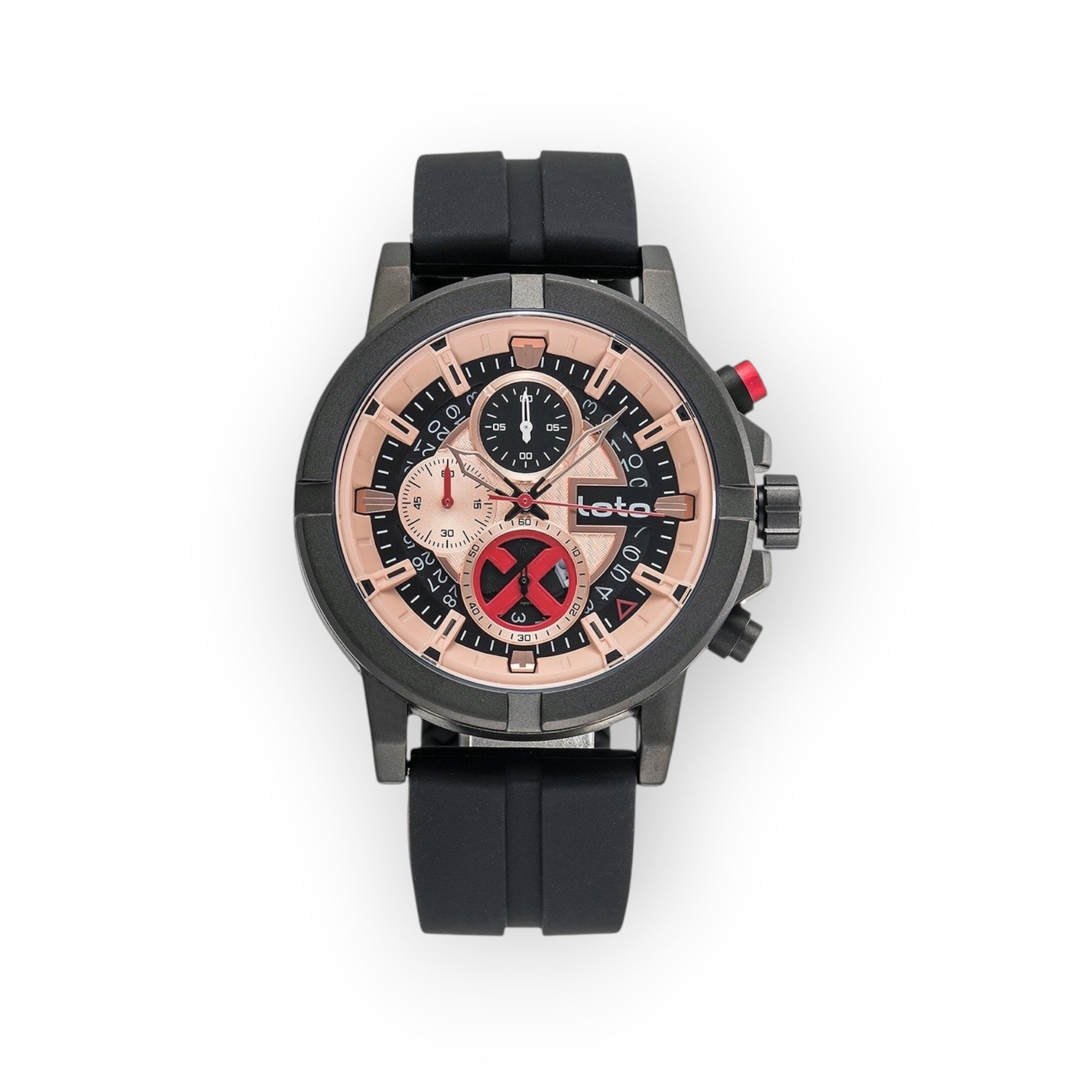 Reloj cronógrafo LOTO COMPANY Luxe con esfera beige, detalles rojos y correa de silicona negra. Resistente al agua 3ATM.