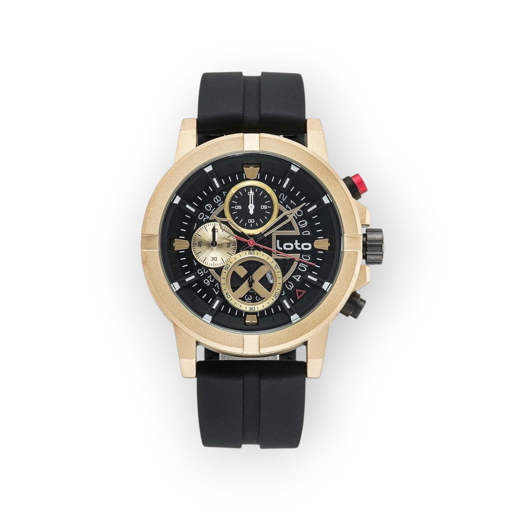 Reloj cronógrafo LOTO COMPANY Luxe con caja y correa de silicona negra, esfera negra y detalles dorados.