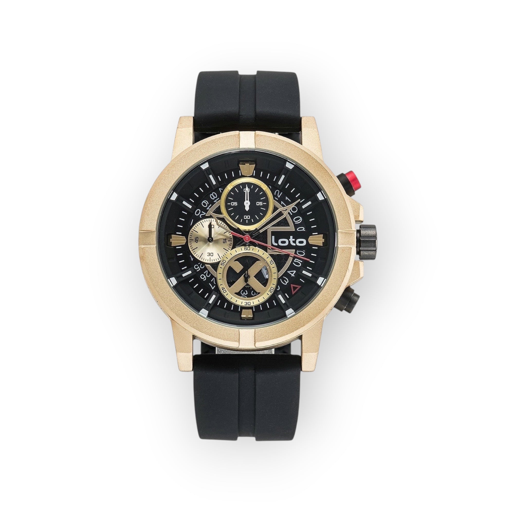 Reloj cronógrafo LOTO COMPANY Luxe con caja y correa de silicona negra, esfera negra y detalles dorados.