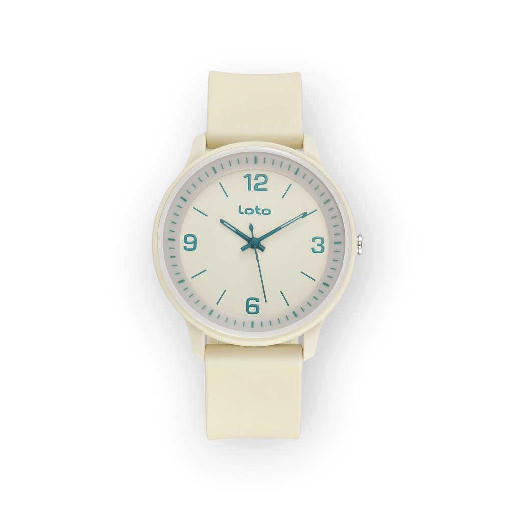Reloj LOTO COMPANY Luxenor 2601 con correa de silicona color crema y esfera minimalista con detalles en verde azulado