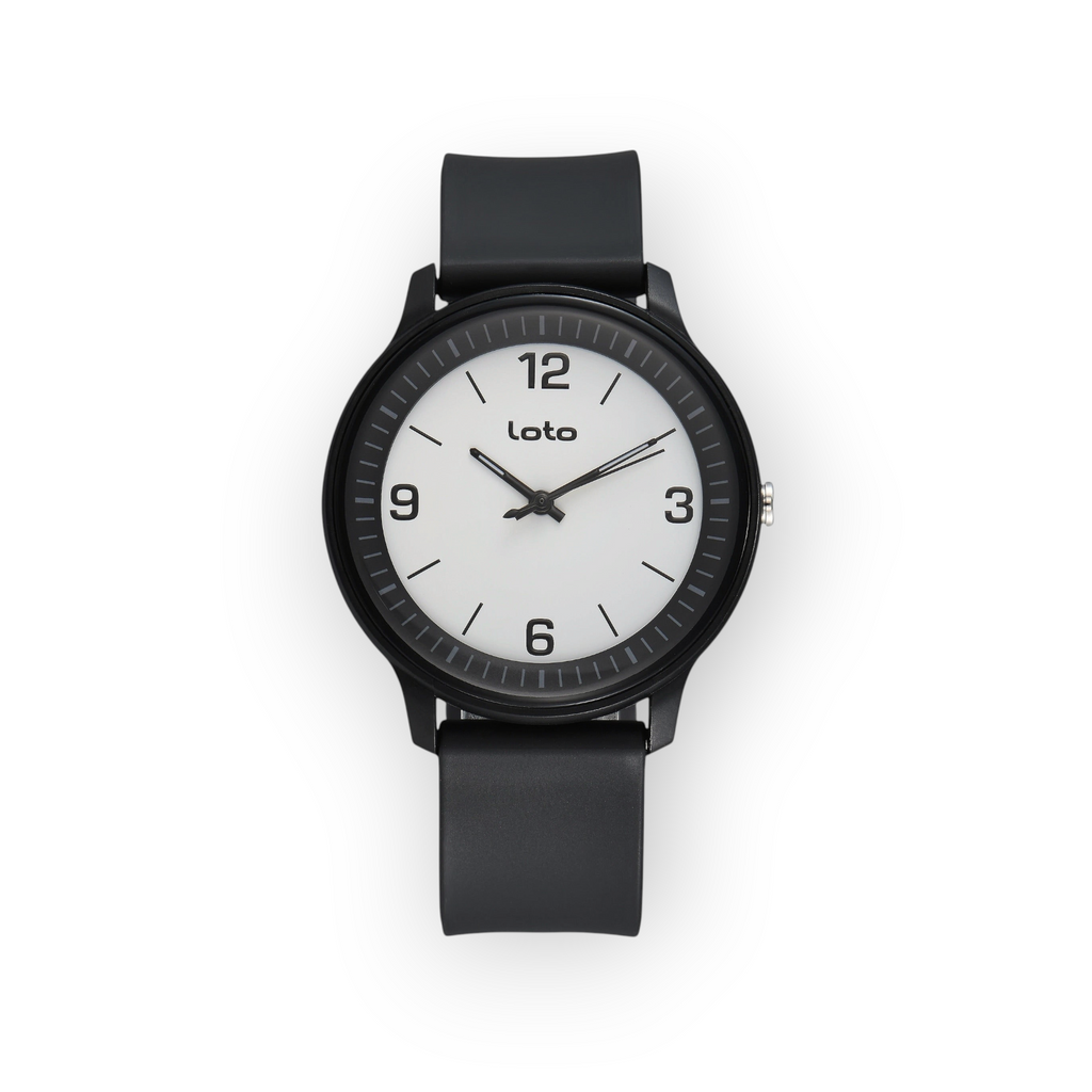 Reloj LOTO COMPANY Luxenor 2601 con esfera blanca, números negros y correa de silicona negra