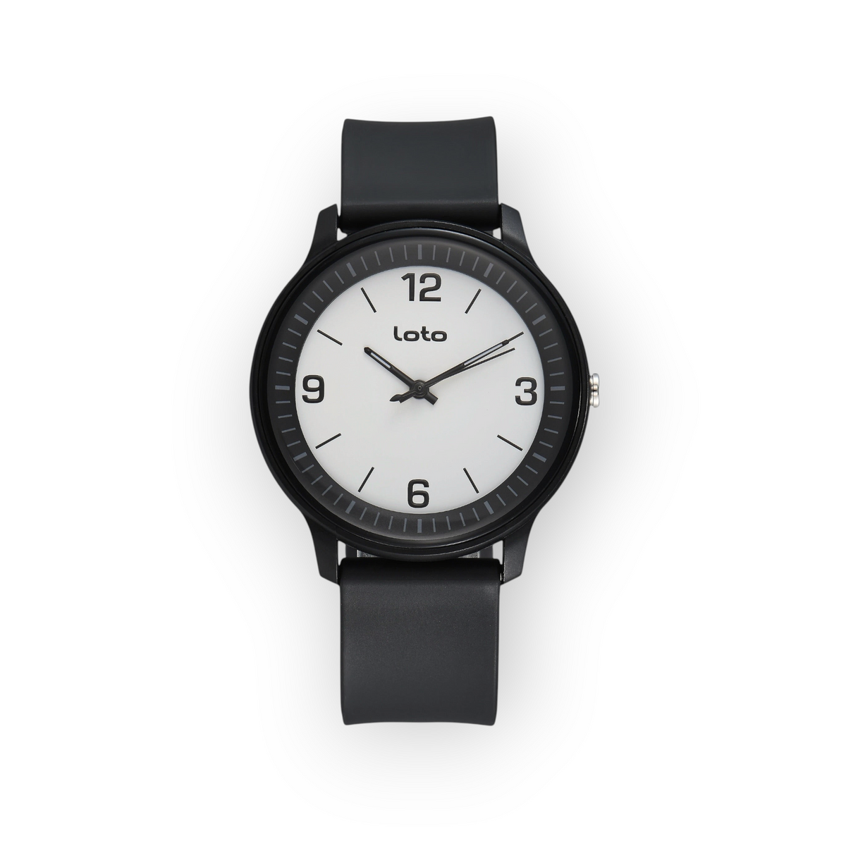 Reloj LOTO COMPANY Luxenor 2601 con esfera blanca, números negros y correa de silicona negra