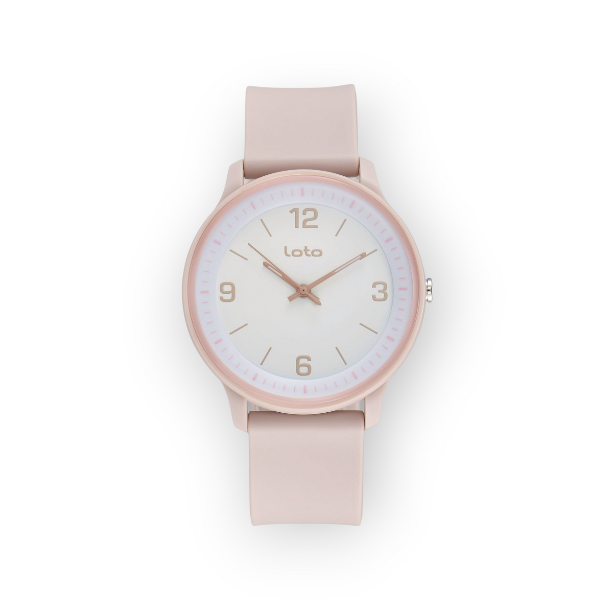 Reloj LOTO COMPANY Luxenor 2601 con correa de silicona rosa pastel, esfera blanca y detalles en tono oro rosa