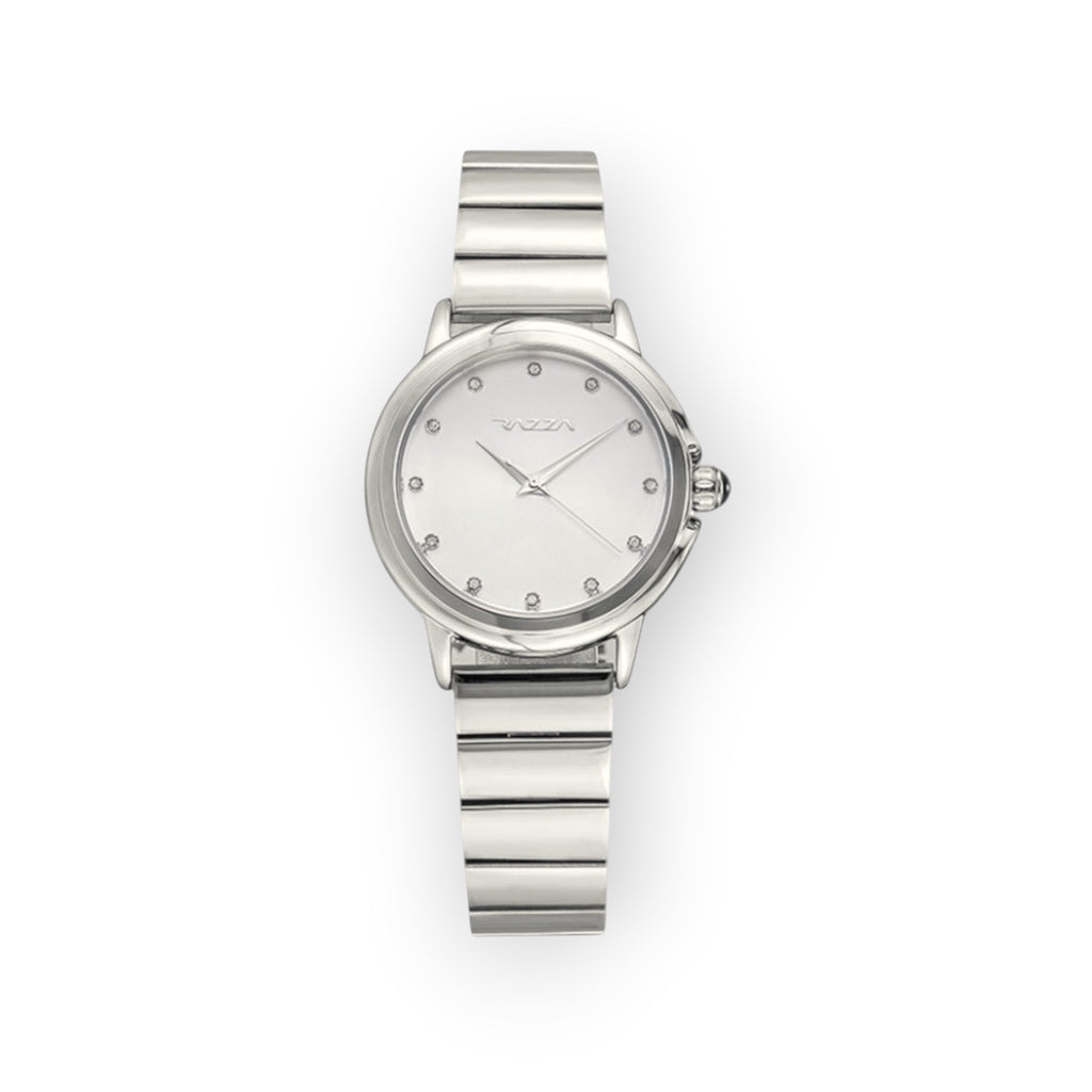 Reloj de pulsera LOTO COMPANY LYNX plateado con esfera minimalista, detalles brillantes y correa de eslabones metálicos.