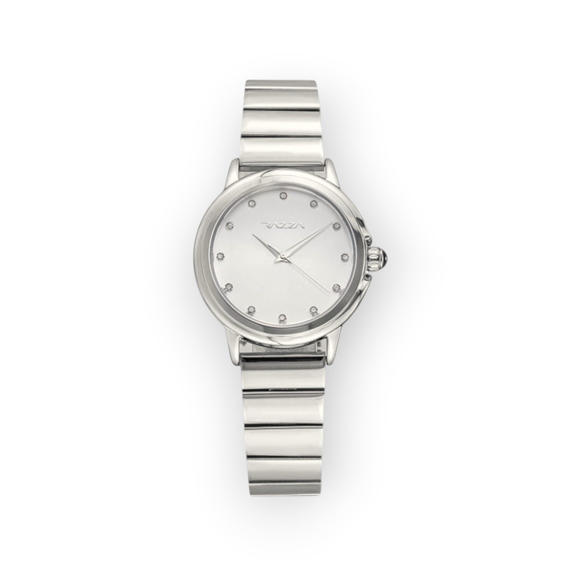 Reloj de pulsera LOTO COMPANY LYNX plateado con esfera minimalista, detalles brillantes y correa de eslabones metálicos.