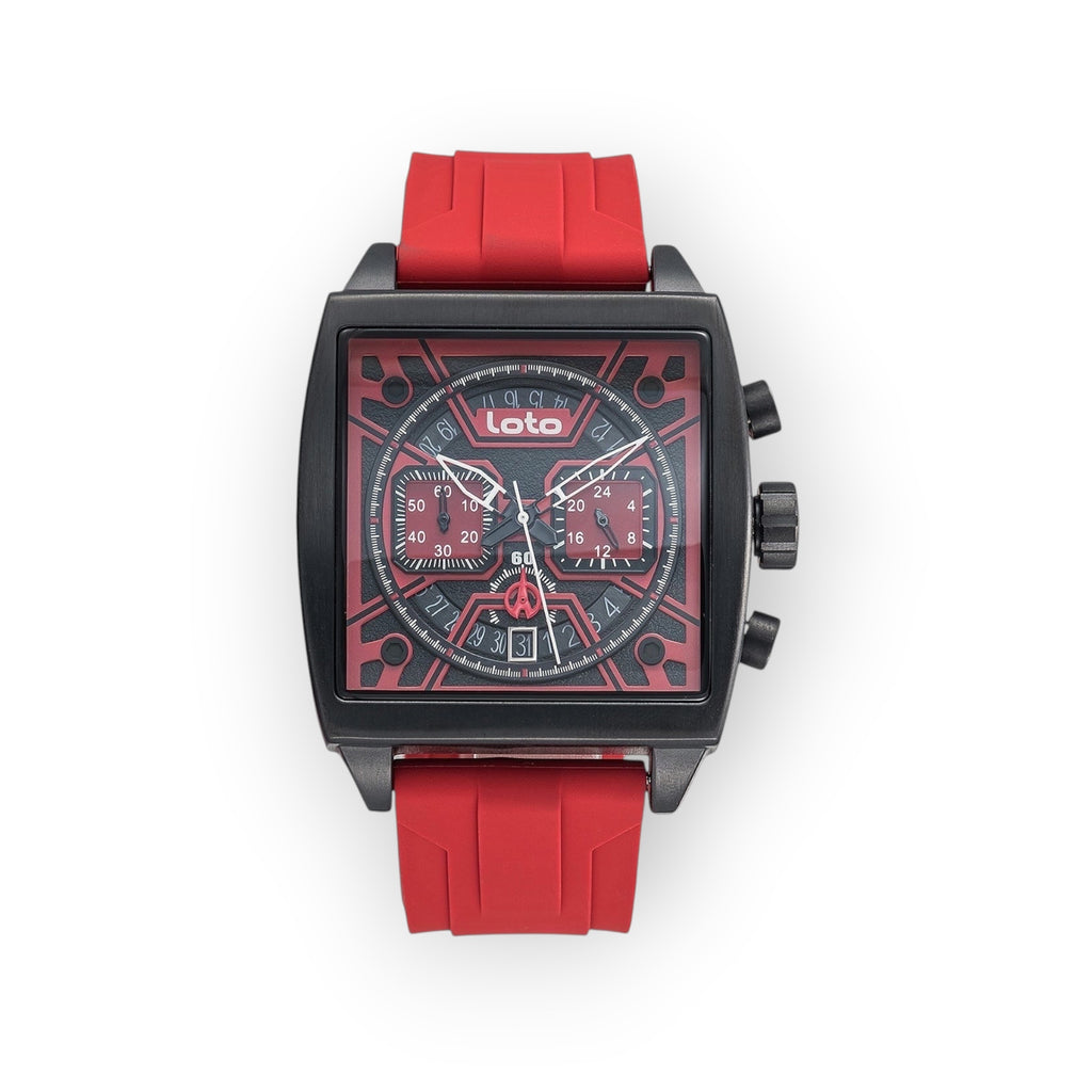 Reloj LOTO COMPANY Lytos 2537 con caja cuadrada negra, esfera roja multifunción y correa de silicona roja deportiva.