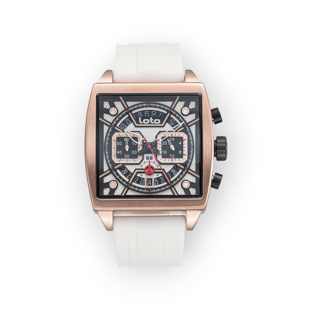 Reloj LOTO COMPANY Lytos 2537 con caja cuadrada de metal rosado, esfera multifunción y correa de silicona blanca.
