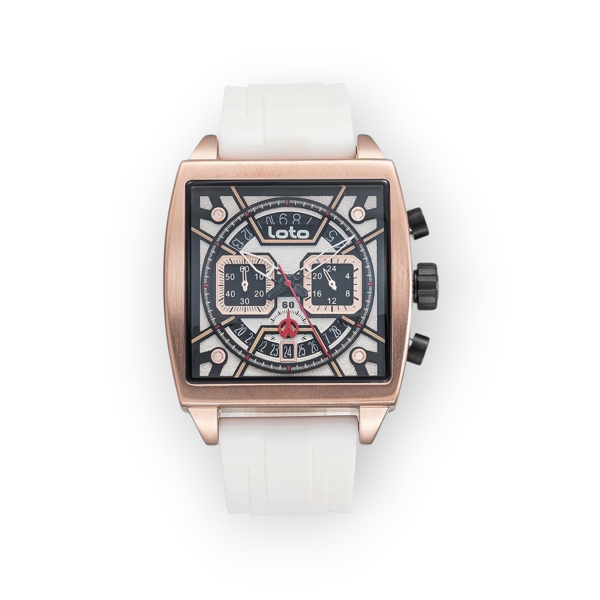 Reloj LOTO COMPANY Lytos 2537 con caja cuadrada de metal rosado, esfera multifunción y correa de silicona blanca.