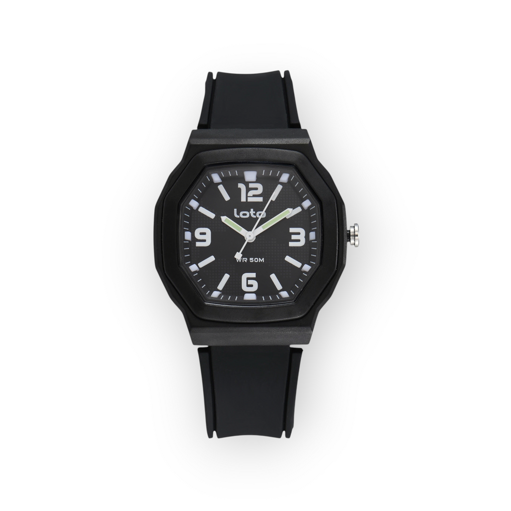 Reloj LOTO COMPANY Mavrek 2597 con caja octogonal negra, esfera analógica y correa de silicona resistente al agua
