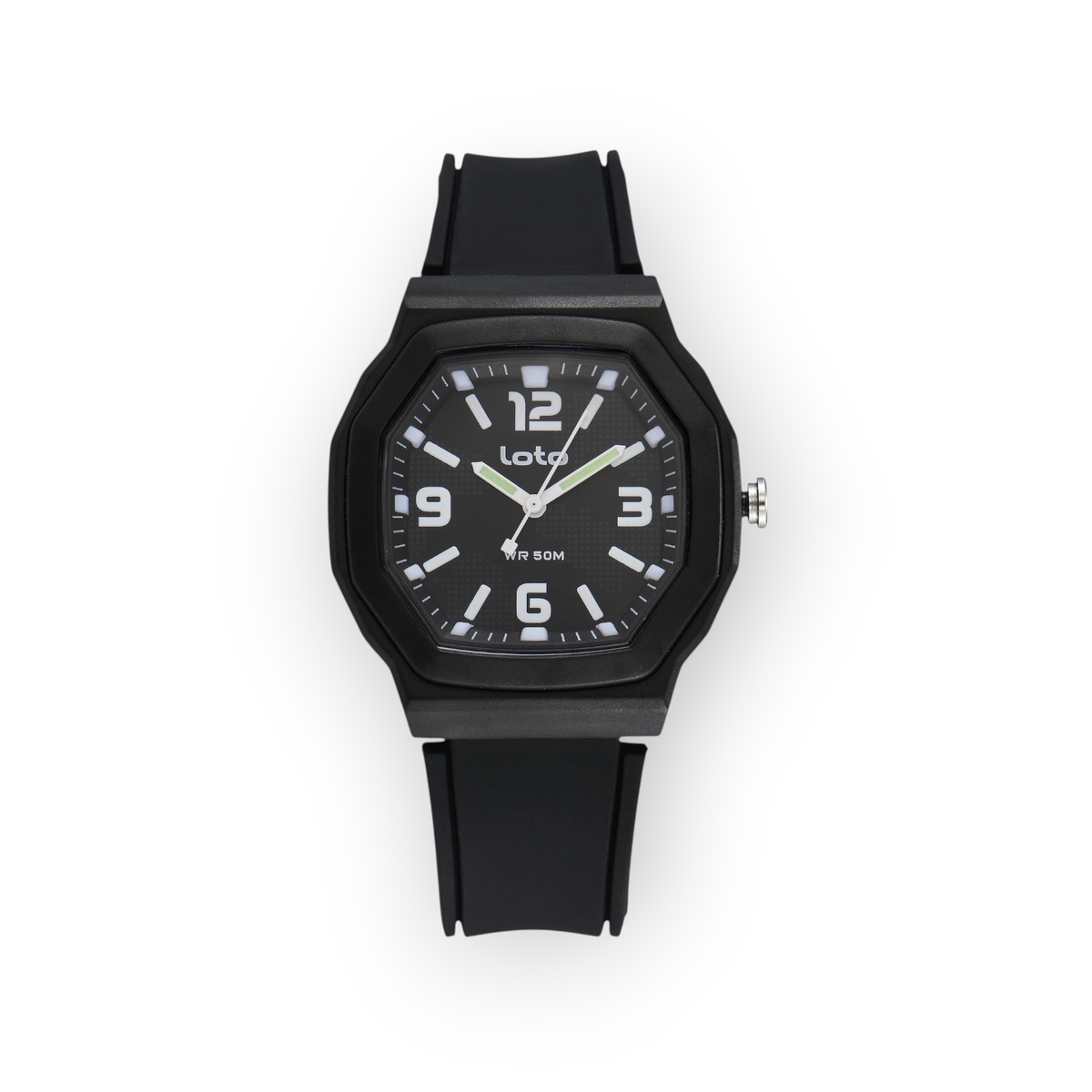 Reloj LOTO COMPANY Mavrek 2597 con caja octogonal negra, esfera analógica y correa de silicona resistente al agua