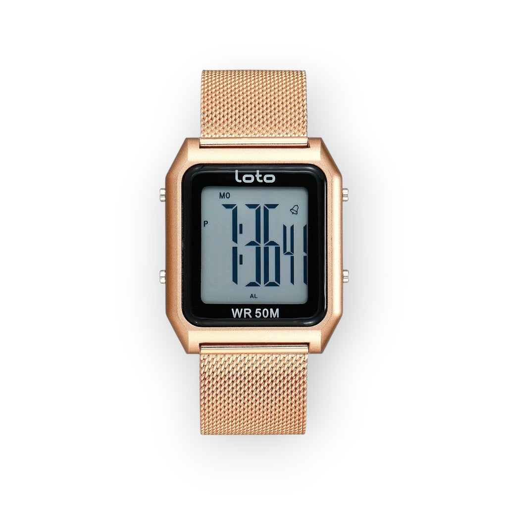 Reloj LOTO COMPANY MESH / 2550 digital de caja cuadrada dorada con correa de malla metálica y pantalla fácil de leer. Resistente al agua 50M.