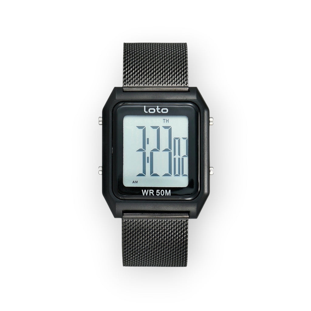 Reloj LOTO COMPANY MESH / 2550 digital negro con correa de malla metálica y caja cuadrada. Pantalla LCD con hora y WR 50M.