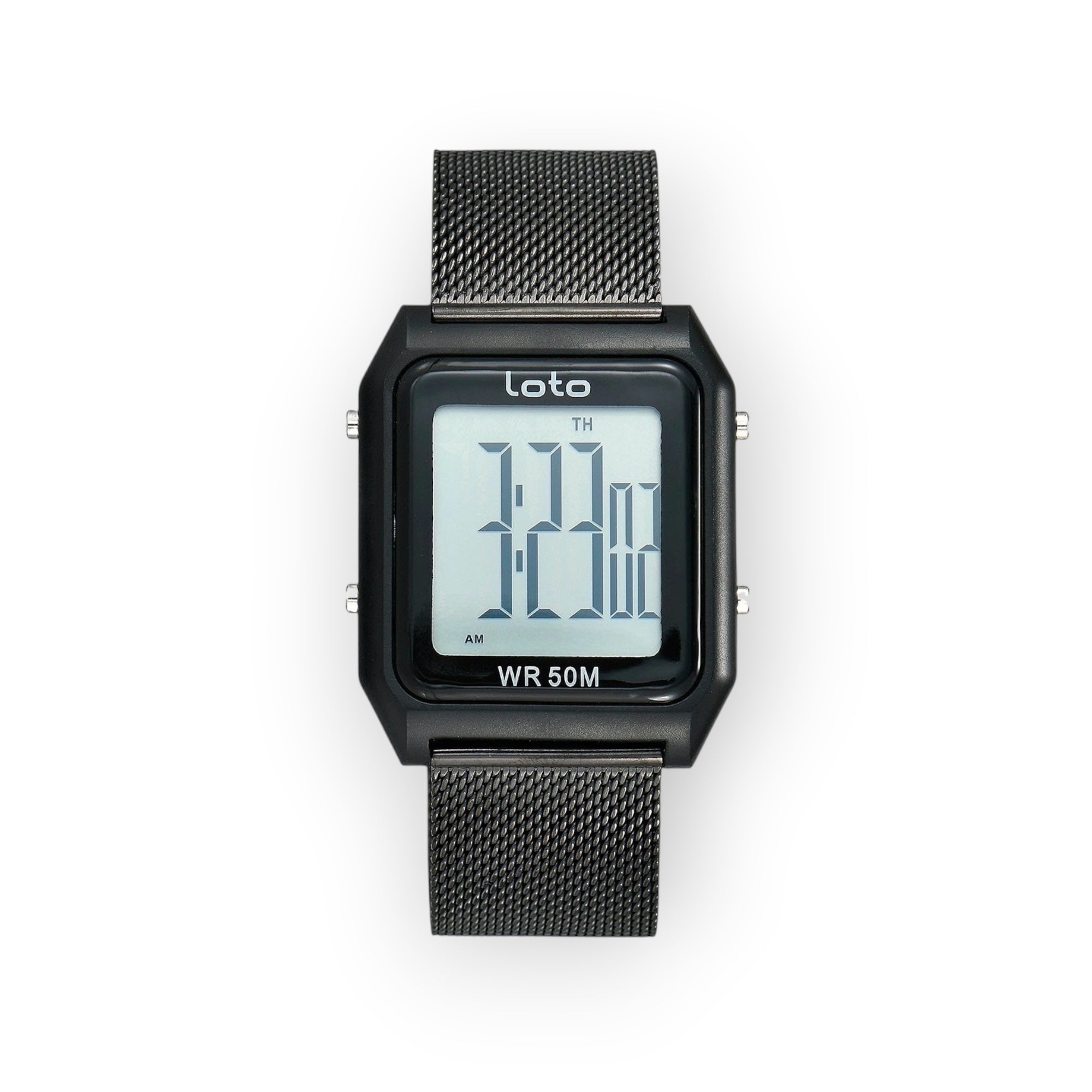 Reloj LOTO COMPANY MESH / 2550 digital negro con correa de malla metálica y caja cuadrada. Pantalla LCD con hora y WR 50M.