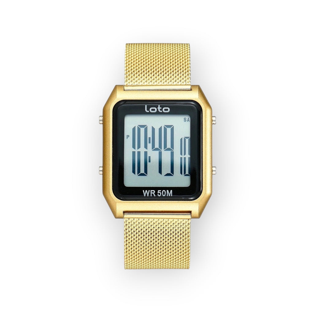 Reloj digital LOTO COMPANY MESH / 2550 dorado con correa de malla metálica y pantalla retro. Resistente al agua 50M.