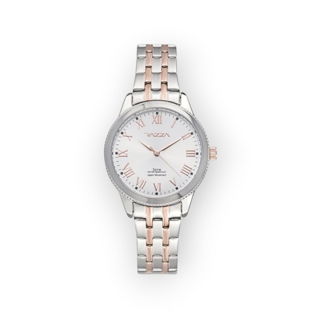 Reloj de mujer LOTO COMPANY RHEON 31108 bicolor en acero inoxidable plateado y oro rosa con números romanos.