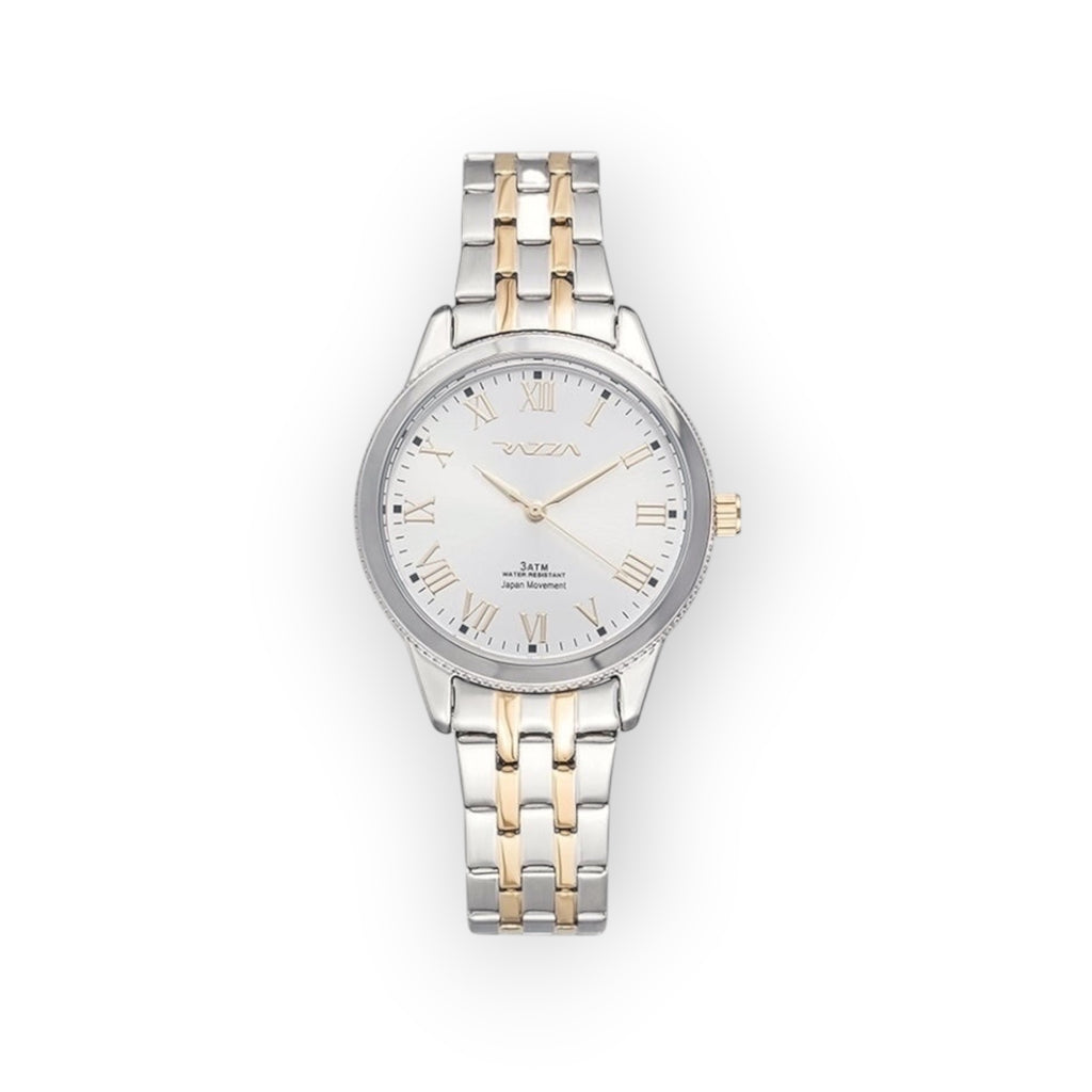 Reloj de mujer LOTO COMPANY RHEON 31108 bicolor en acero inoxidable plateado y oro rosa con números romanos.