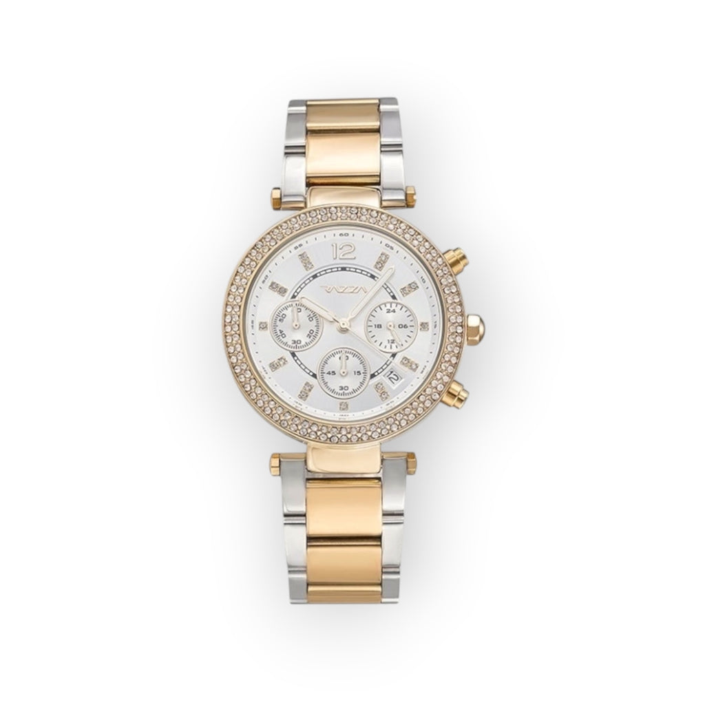 Reloj LOTO COMPANY SYRO 31106 bicolor para mujer con bisel de cristales, esfera multifunción y correa de eslabones.
