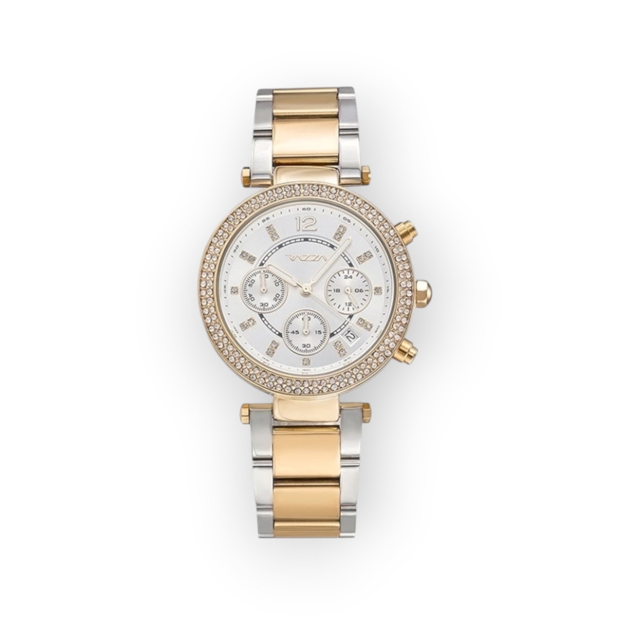 Reloj LOTO COMPANY SYRO 31106 bicolor para mujer con bisel de cristales, esfera multifunción y correa de eslabones.
