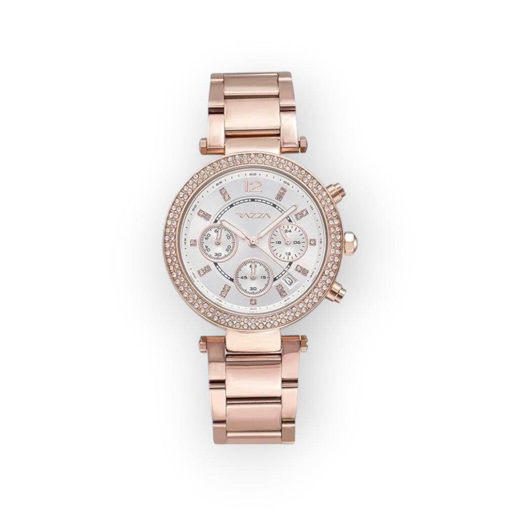 Reloj de mujer LOTO COMPANY SYRO 31106 en tono oro rosa con bisel de cristales y esfera multifunción elegante.