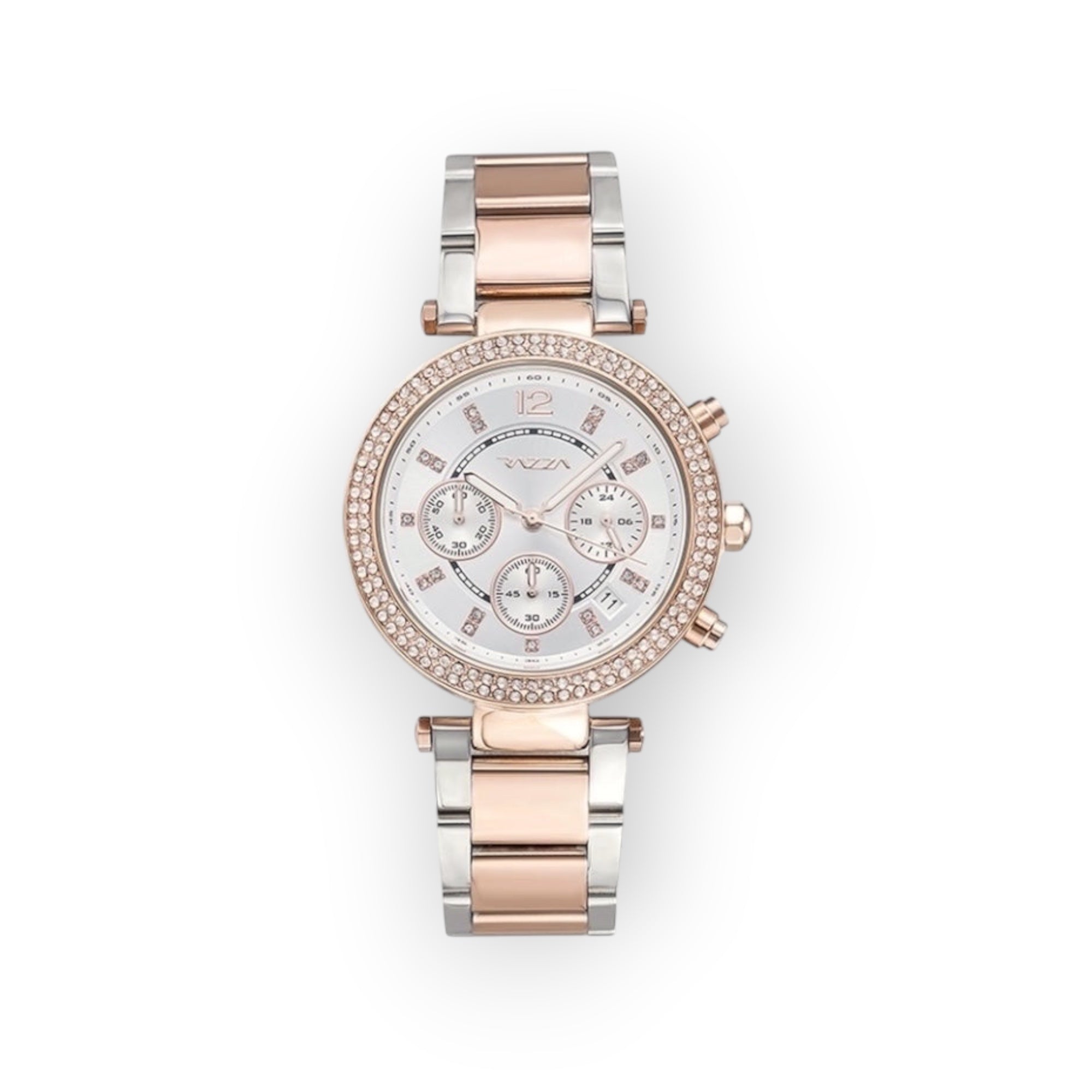 Reloj de mujer LOTO COMPANY SYRO 31106 bicolor con bisel de cristales, esfera multifunción y correa de eslabones.